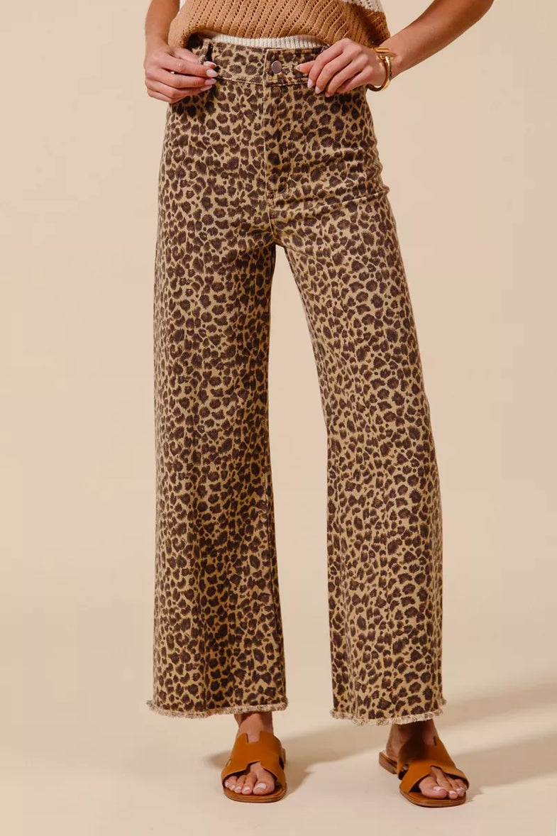 SO ME Mid Rise Leopard Twill Frayed Hem Wide Leg Pants - SwagglyLife Home & Fashion
